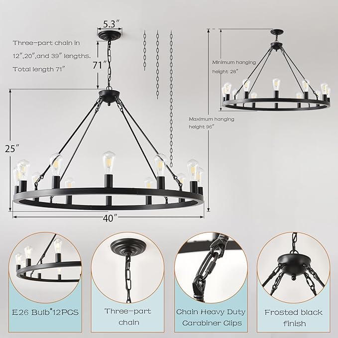 40” Farmhouse Wagon Wheel Chandelier,Black Rustic Chandelier 12-Lights Round Dining Room Light with Adjustable Height,Industrial Ceiling Light Fixtures for Kitchen,Foyer,Porch,Living Room