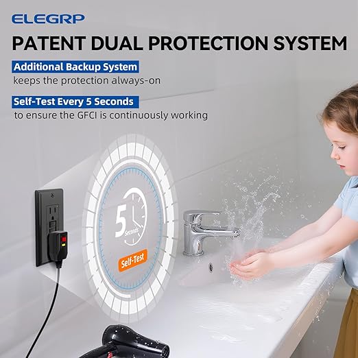 ELEGRP GFCI Outlet 15 Amp, Self-Test GFI Electrical Outlet with Narrow Design, GFCI Receptacle with LED Indicator, UL Listed, Black, Wall Plate Included, 5 Pack