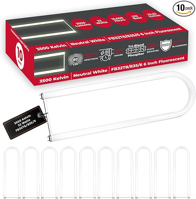GoodBulb 32-Watt 6 Inch T8 Fluorescent U-Bend Light Bulb 3500K Soft White Light Color Medium Bi-Pin Base High Output 3050 Lumens 10000 Life Hours 80 CRI Pack of 10 Bulbs