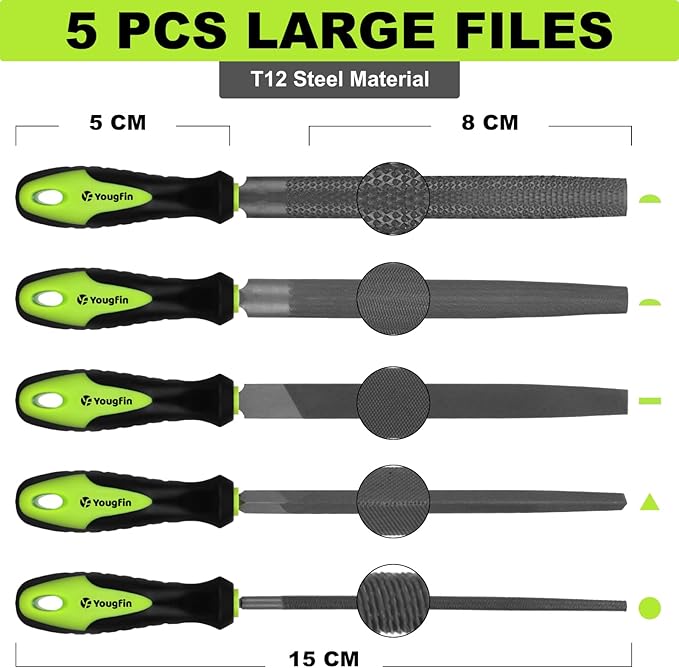 Yougfin 19 pcs File Set, Includes 5 pcs Large Steel Files, 12 pcs Jewelers File Set and Wire Brushes Ideal Hand File Tools for Woodwork, Metal, Model Applications