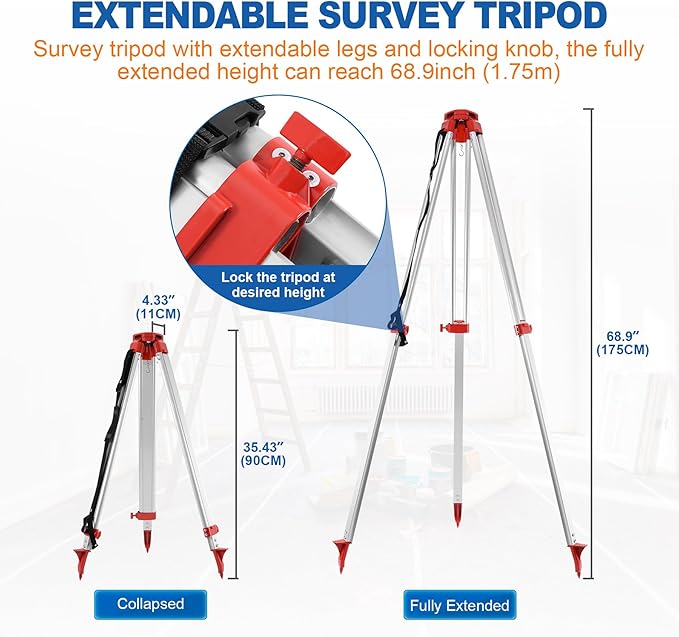 Automatic Self Leveling Rotary Laser, 500m Red Laser Survey Level with Tripod Aluminum Grade Rod, 360 Degree Rotating Horizontal & Vertical Laser Level Kit, Transit Level for Construction