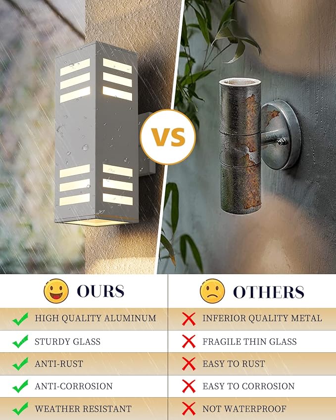 harriet Porch Lights Outdoor Modern - IP64 Waterproof Aluminum and Tempered Glass Cover, 13" Rectangular Up/Down Wall Sconce for Porch, Garage & Patio, Exterior Lighting, White, 2 Pack