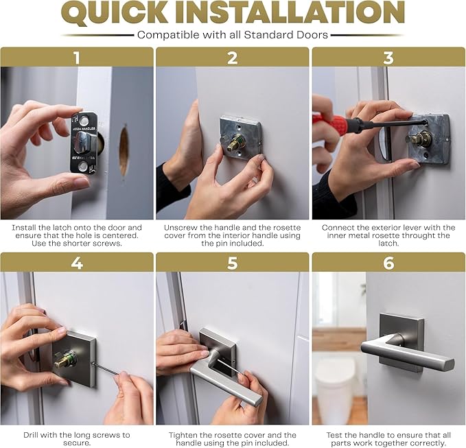 Mega Handles Prime Privacy Door Handle - 3 Pack Reversible Brushed Nickel Door Handles, Heavy Duty Bed & Bath Door Handles with Privacy Door Lock, Fits All Standard Doors - Satin Nickel