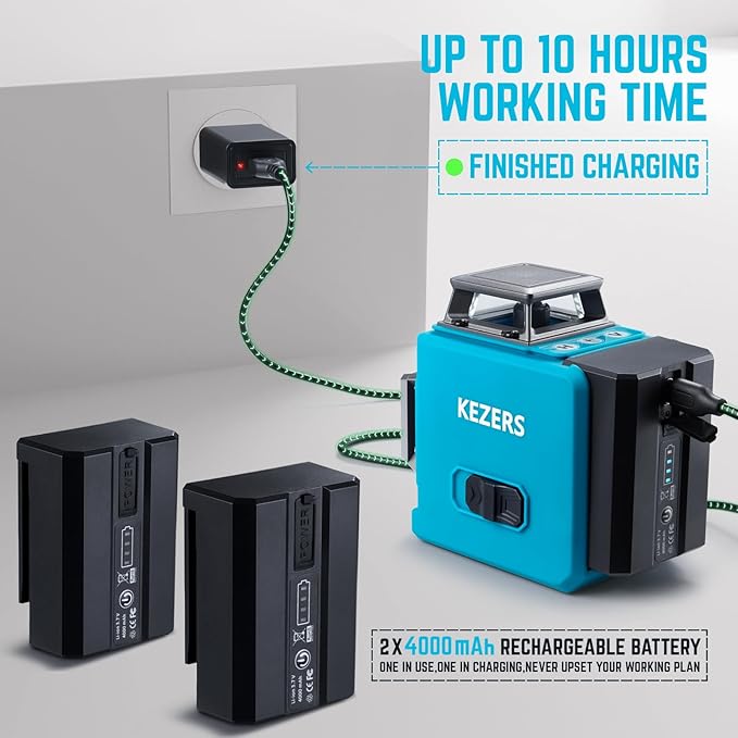 KEZERS Laser Level with Tripod,3 x 360 Self Leveling Laser Level, Green Line Laser 3D Laser Leveler Tool with 2 Rechargeable Batteries,Indoor,for Picture Hanging,Tile,Home Renovation