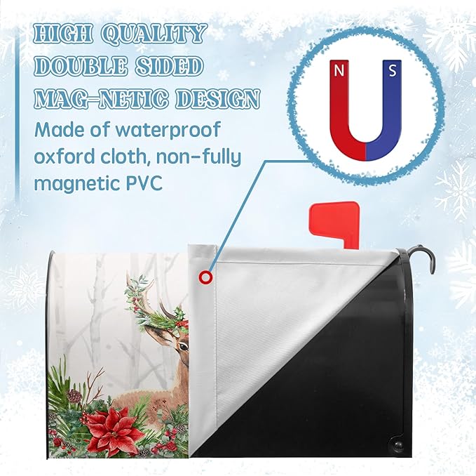 Xmas Deer Mailbox Covers Magnetic Standard Size Winter Floral Mailbox Wraps 21x18 Inch Christmas Deer Post Box Cover Outside Decorations for Garden Yard