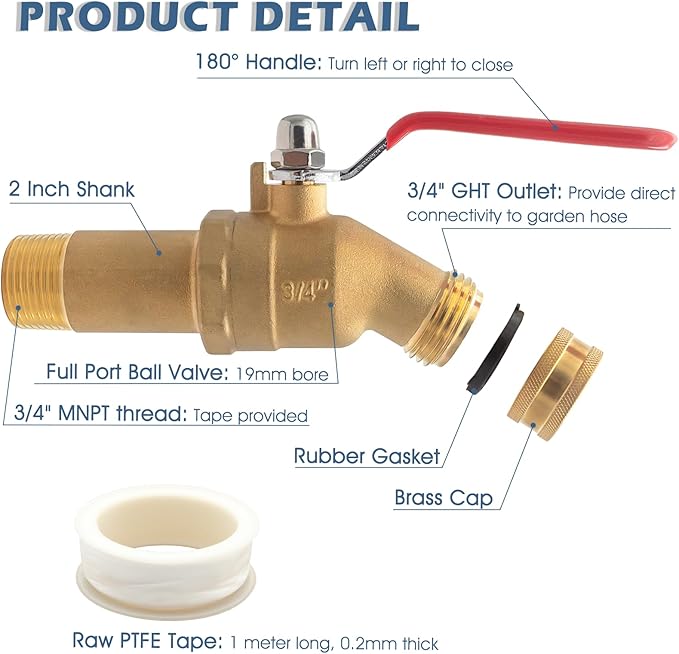 Water Heater Drain Valve 3/4" MNPT Full Port - Brass Sediment Flush Valve with 2 Inch Shank, 180° Handle Garden Hose Adapter Hot Water Heater Replacement Parts Fast Drain Tool Kit