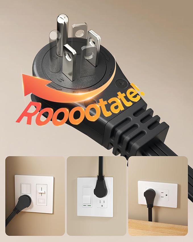 DEWENWILS 25FT Flat Plug Extension Cord, 360° Rotating Plug, 3 Prong Ultra Thin Power Strip, 13A/125V/1625W, 16 Awg Grounded Flat Power Cable for Indoor Narrow Space, SPT-3, ETL Listed, Black