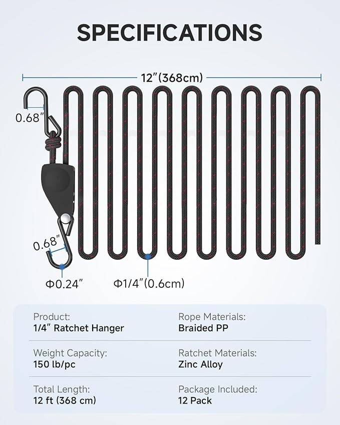Fondwell 1/4" Rope Tie-Downs Ratchet Straps: 12 Pack of Heavy Duty Adjustable Hangers for Various Hanging and Strapping