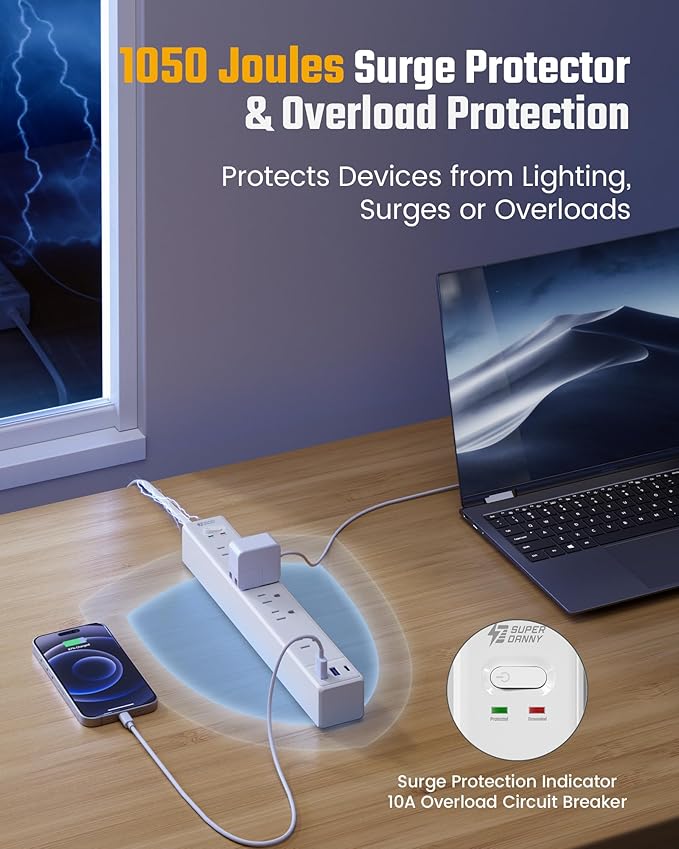 Flat Plug Surge Protector Power Strip, 6ft Ultra Thin Extension Cord with 3 USB, SUPERDANNY 6 Outlets Charging Station, Wall Mountable Outlet Extender for Home Office, College Dorm Room