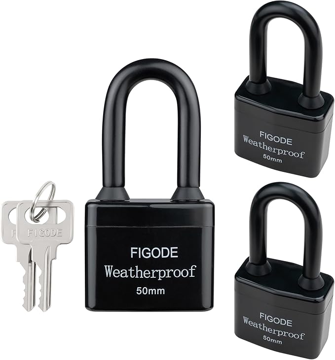 FIGODE® Outdoor Waterproof Padlocks, Covered Heavy Duty Laminated Steel Locks, Large Sturdy Locks, 2.2 in. Wide, 3 Locks Same Key, Long Padlocks