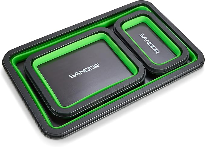 Collapsible Magnetic Parts Tray Set - 3 Different Size Tool Trays for Screw, Bolts, Nuts, Washers, Pins and Other Small Metal Parts, Mechanic Tool Gifts for Men - Green