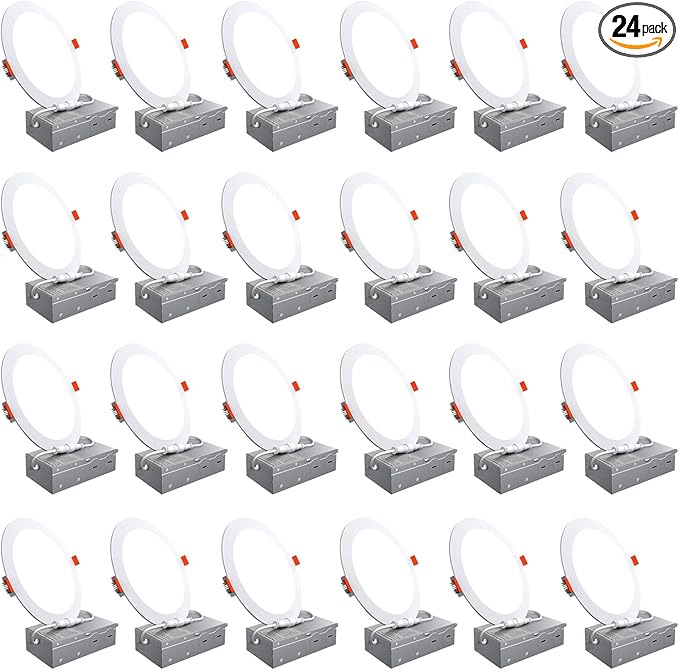 24 Pack 6 Inch Canless Recessed LED Ceiling Lights - 6000K Daylight Can Light, 1050LM High Brightness, 12W 110W Eqv, Ultra-Thin LED Recessed Lighting for Bedroom Kitchen Living Room Hallway