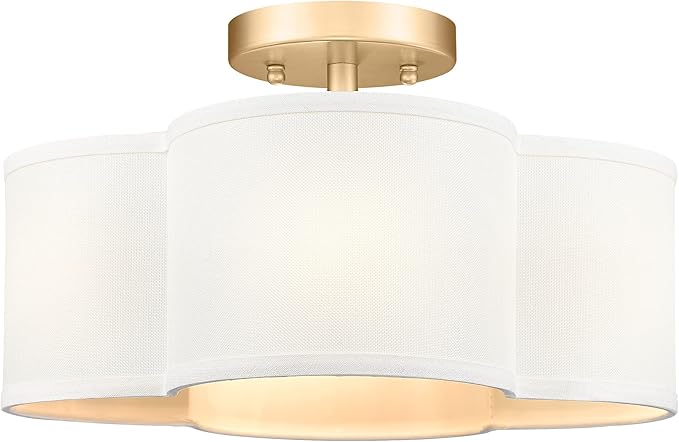 Gold Semi Flush Mount Ceiling Lights, 14" 4-Light Ceiling Light Fixtures with Fabric Shade in Quatrefoil Shape, Farmhouse Brass Drum Lighting for Kitchen Hallway Bedroom, AD-22007-4SF-GD