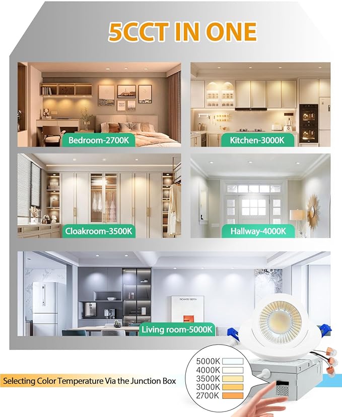 zouzai 3 Inch 5CCT Gimbal Led Recessed Lighting with Junction Box, 2700K/3000K/3500K/4000K/5000K Selectable, 7W Eqv 80W, 360°+90° Adjustable Recessed Lights, 800LM Brightness - ETL (White, 6 Pack)
