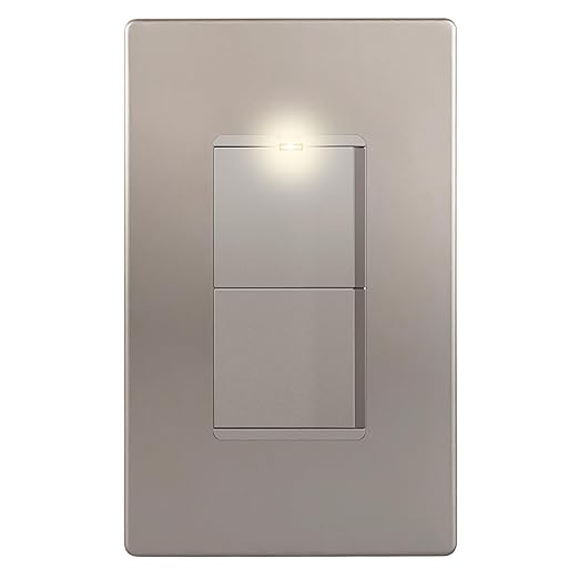 LIDER Minimalist Design Matte Finish Lighted Double Switch with Screwless Wall Plate, Combination Frameless Decorator Switch with Locator Light Ground Terminal Single Pole, 15A 120V, UL Listed, Nickel