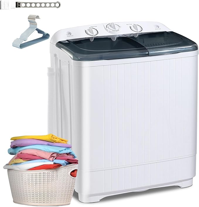 Portable 22 lbs Twin Tub Washing Machine with Drying Rack, 13 lbs Washer Mini Compact Laundry Machine and 9 lbs Spinner, Semi-automatic Washer Combo for Dorms, Apartments
