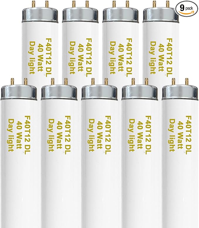 T12 48 Inches 40 Watt Fluorescent Tube, F40T12/865 Light Bulb, 6500K Daylight, 3050 Lumens, 4ft Fluorescent Bulb, G13 Bi-Pin Base 9 Count