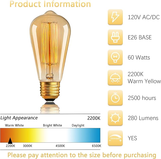 Antique Edison Light Bulbs 110V 60W 6 Pack, ST64 Decorative Incandescent Bulb 280LM 2200K Amber, Dimmable E26/E27 Base Vintage Bulbs Incandescent Light Bulbs for Chandeliers Wall Sconces