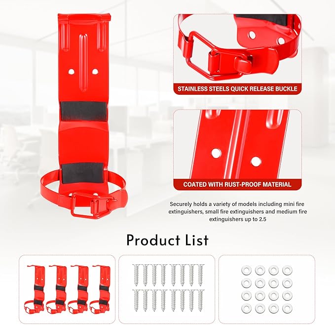 4Pack 2.5LB Fire Extinguisher Mount,fire Extinguisher Bracket for Vehicle,Car, Boat, Truck,Home,fire Extinguisher Holder Wall Mount,fire Extinguisher Hanger (Red)