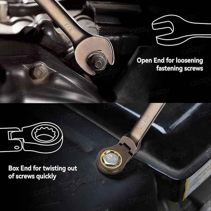 DISEN 12 Pcs Flex Head Ratcheting Wrench Set 90 Teeth, Combination Ratchet Wrenches Set SAE1/4 to 3/4", Cr-V Steel, 12-Point, Nickel Plating with Organizer Rack Visit the Store