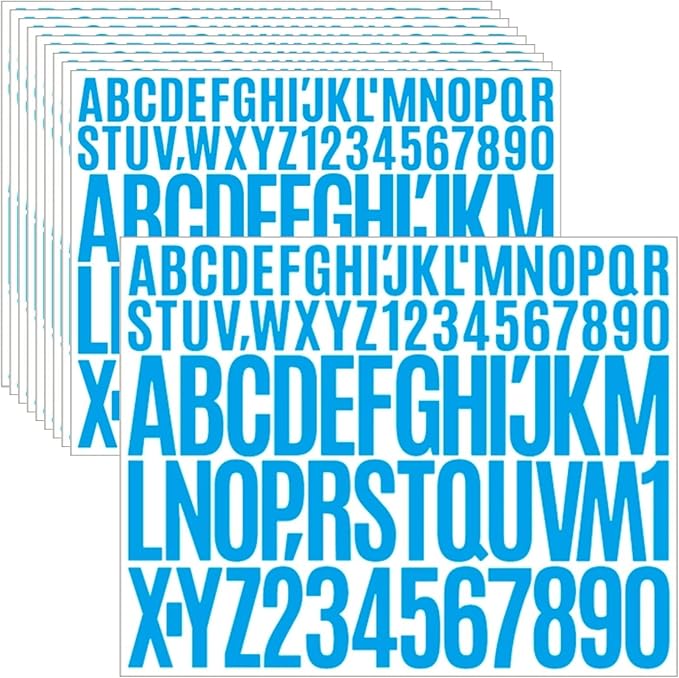 10 Sheets 780 Pcs Vinyl Letter & Number Stickers - Waterproof, Self-Adhesive Alphabet for Mailbox, Door, Window, Cars, Boats, Address(Blue, 1in & 2in)