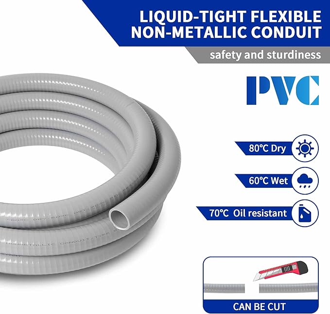 (1 inch Dia * 25 Feet) Yariwiz Flexible Electrical Conduit Liquid Tight PVC Conduit Kit with 3 PCS Coupling, 3 PCS Elbow and 7 PCS Strap, Sealtight Seal Flex Liquidtight Wire Outdoor Non Metallic Grey