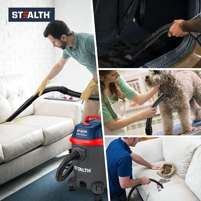 Stealth Wet/Dry Vacuum 5 Gallon, 5.5 Peak HP Shop Vacuum with Blower & Drain Port for Home Clean, Garage Clean, Car Detailing, Workshop, ECV05P2 Small Shop Vac
