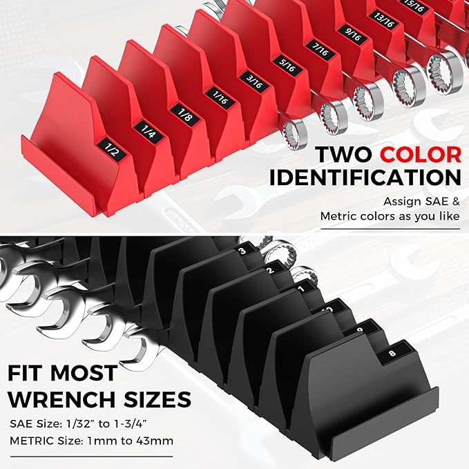 42PCS Magnetic Modular Wrench Organizers for Tool Drawers - Black & Red - Wrench Rack with Metric & SAE Labels, Customizable Magnet Tool Storage Holder for Tool Box Organization