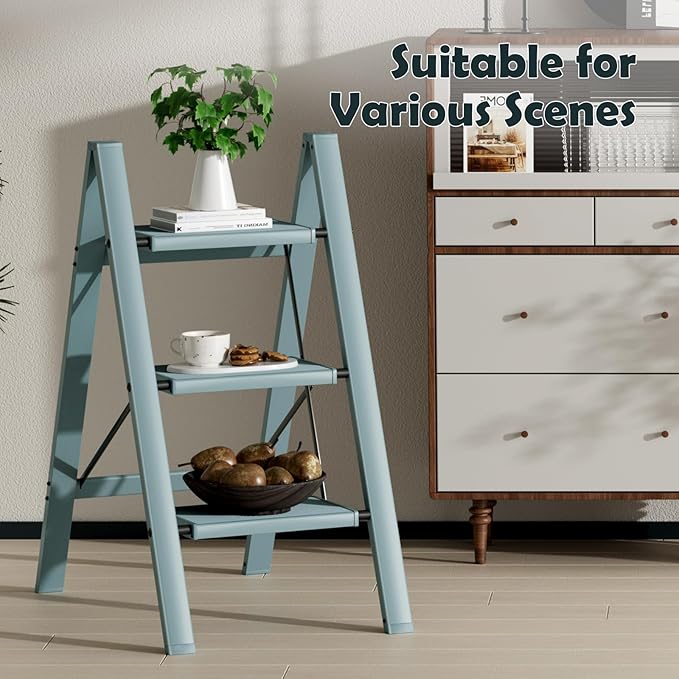 Taranta 3 Step Ladder,Aluminum Lightweight Folding 3 Step Stool with Anti-Slip Wide Pedal,330lbs Capacity Step Ladder for Household,Kitchen,Office - Serene Blue