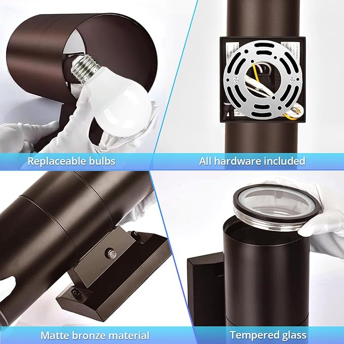 wowlite Modern Outdoor Wall Light with Dusk to Dawn Sensor 2 Pack, LED Cylinder Up Down Wall Light Outdoor 2700K Warmlight Bronze Exterior Light Fixture, IP65 Waterproof Wall Sconce for Porch Garage