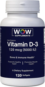 WOW Supplements Vitamin D3 5000 IU Softgels, 125 mcg - Vitamin D3 5000IU Supplement for Strong Bones and Immune Support - Non-GMO, Gluten Free Vitamin D 5000 IU - VIT D3 5000 IU Softgels - 120 Count
