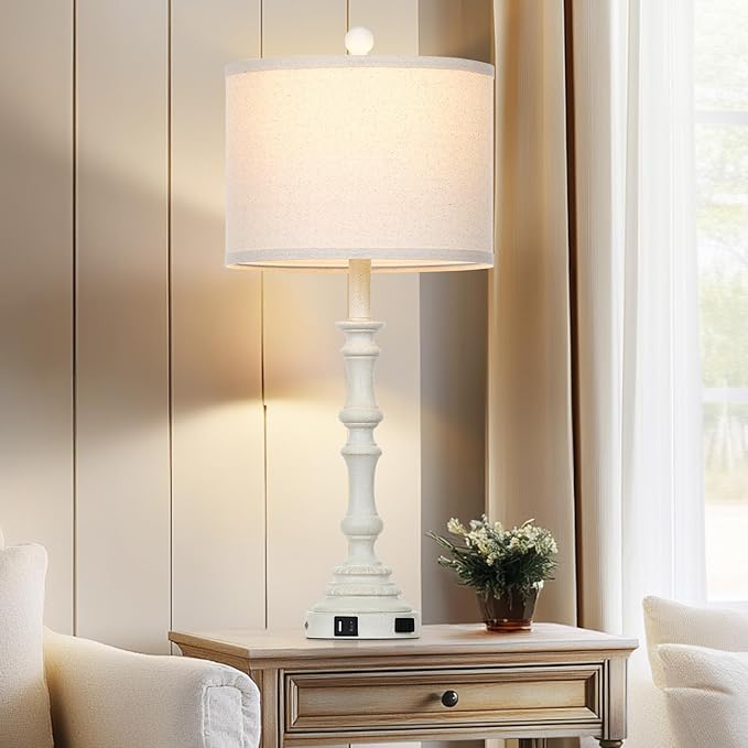 27.5" Tall Table Lamp for Living Room Set of 2, Vintage Farmhouse Table Lamps with USB C+A Ports, 3-Way Dimmable Touch Bedside Lamps, Tradition Bedroom Lamps for Nightstand Side End Table Desk, White