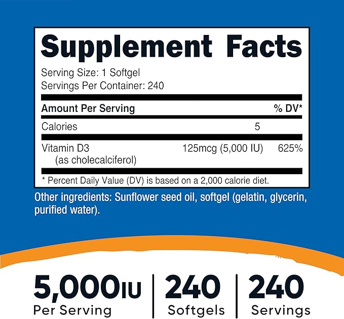 Nutricost Vitamin D3 5,000 IU (125mcg), 240 Softgels - Non-GMO and Gluten Free Vitamin D