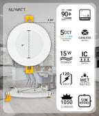 NUWATT 12 Pack, 6 Inch Ultra-Thin LED Recessed Lighting, CCT 2700K/3000K/3500K/4000K/5000K Selectable, 1050LM 15W, Dimmable, IC Rated, Wet Rated, Canless Can Light for Ceiling with Junction Box, White