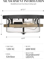 EAPUDUN Farmhouse Ceiling Light, Wooden Flush Mount Ceiling Light Fixtures with Clear Glass Shade, Retro 2-Light Ceiling Lamp for Hallway Entryway Bedroom Kitchen Dining Room FMA1443-FBDT