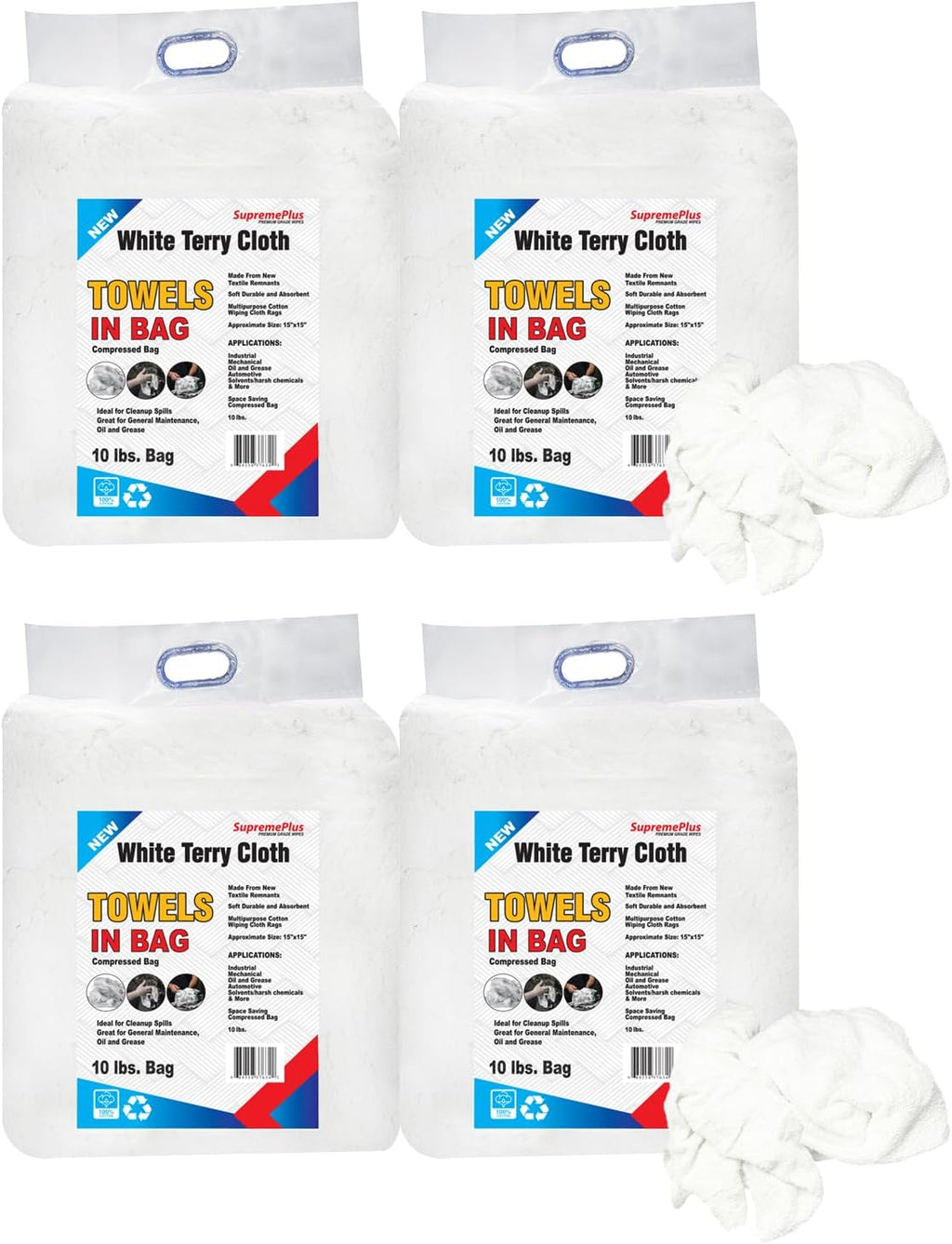 Premium White Terry Cloth Rags (10 lbs.Bag - 4 Pack) Super Absorbent Cotton Towel Cleaning Rags for Garage, Industrial Use & Housekeeping