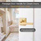 EHOMEWARE 2 Pcs Door Knobs Interior, Passage Door Handle Gold, Modern Closet Door Knobs in Satin Brass Finish, Keyless Door Levers Heavy Duty Door Handle Set, Sleek Door Hardware & Locks