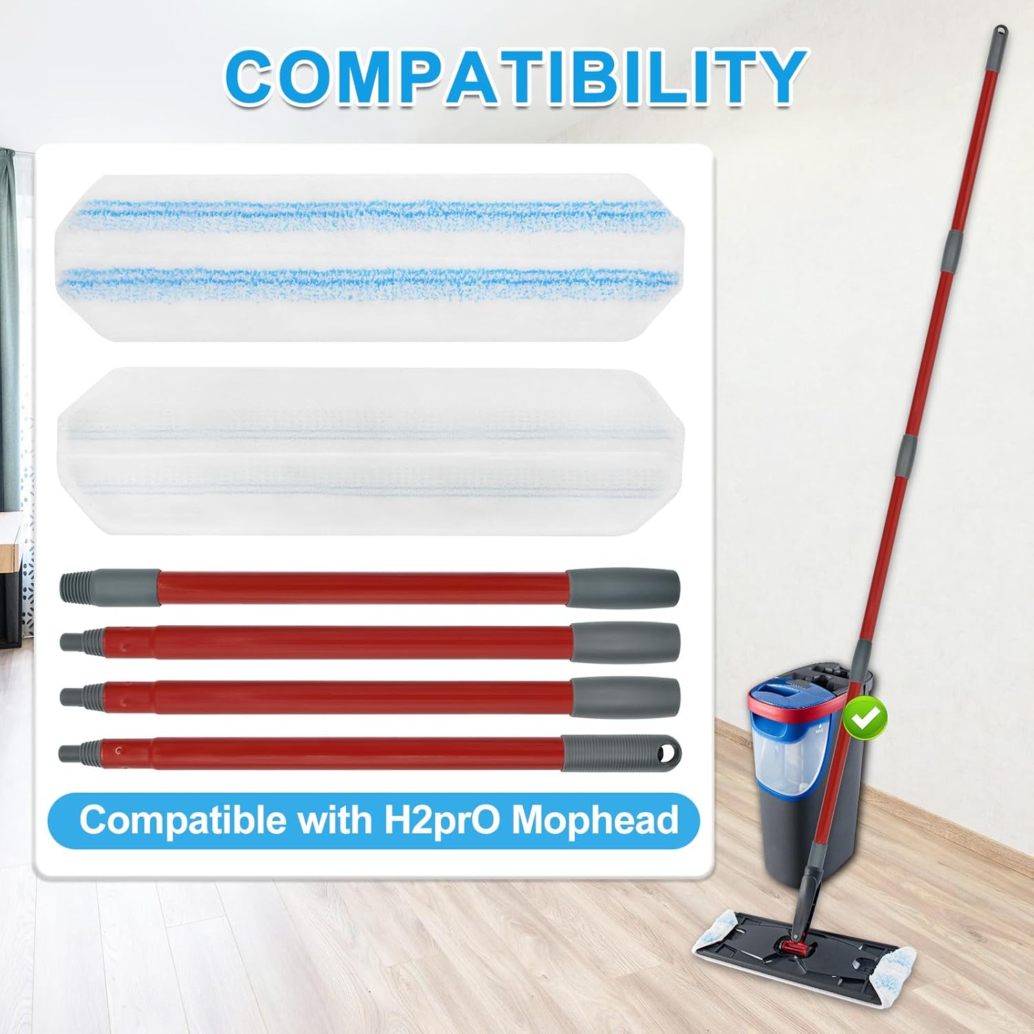 Mop Replacement Pads for Ocedar H2prO Flat Mop System, Mop Handle Mop Refills for O-Cedar H2pro Flat Mop System, Include 4 Pack Mop Pads and 4-Section Mop Handle for Ocedar H2 Pro Mop