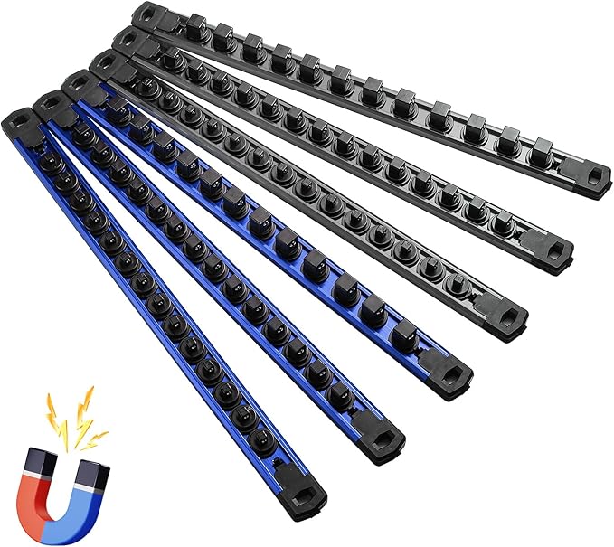 Magnetic Socket Organizer - 6-Piece Heavy Duty Aluminum Socket Holder with 80 Clips for 1/2, 3/8, 1/4-Inch (Black & Blue)