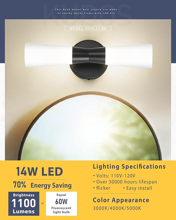 kudos Bathroom Sconces Set of 2, 16inches Black Vanity Light Fixtures, Modern Bathroom Light Fixtures with Milk White Glass, Dimmerable 3000K/4000K/5000K for Bedroom Hallway, KDVL13-BK-2PK