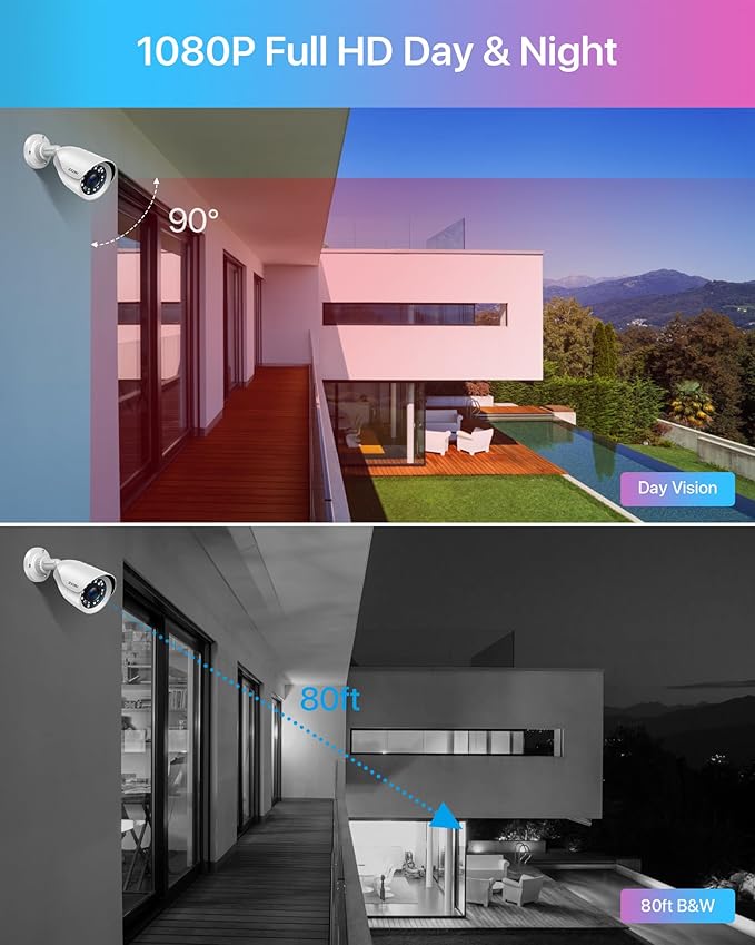 ZOSI H.265+ Full 1080p Home Security Camera System Outdoor Indoor, 5MP-Lite CCTV DVR 8 Channel and 4 x 1080p (2MP) Day Night Vision Weatherproof Surveillance Bullet Camera, Motion Alerts (No HDD)