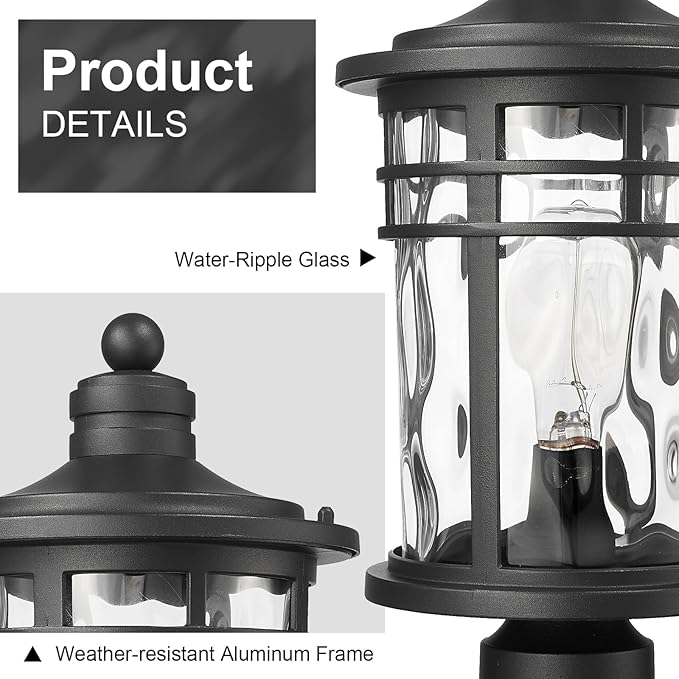 Darkaway 2 Pack Large Outdoor Post Lights Lamp Posts Outdoor Lighting, 17inch Aluminum Post Lights Outdoor Light Fixtures with Water Ripple Glass for Patio Yard Garden