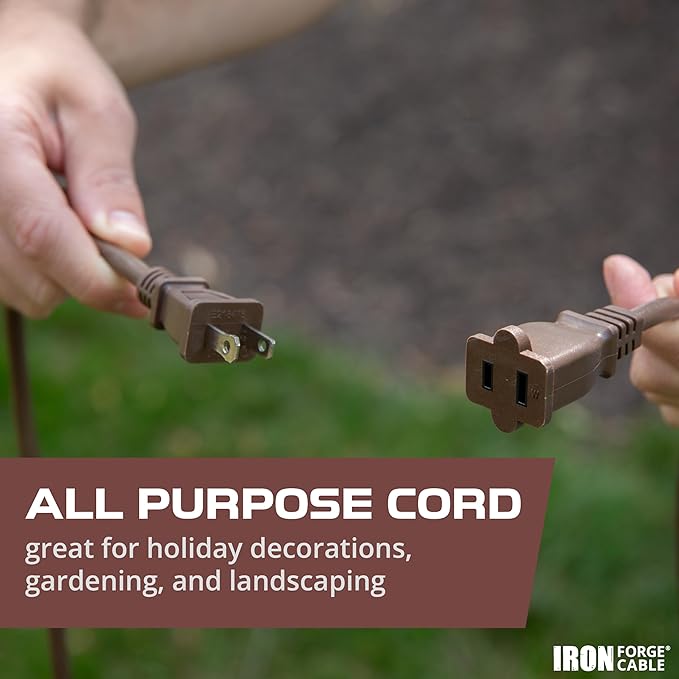 Iron Forge Cable 2 Prong Outdoor Extension Cord 25 ft, 16/2 SJTW 25 Foot Brown Extension Cord, Weatherproof - Great for Outdoor Lights, Deck, Patio