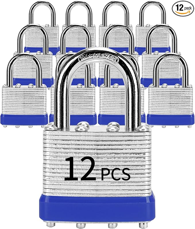 Padlocks with Same Key, LQYN 12 Pcs Laminated Keyed Padlock (1-9/16", 40mm), Keyed Alike Locks, Normal Shackle, for Storage Locker, Hasp Latch, Toolbox, Sheds