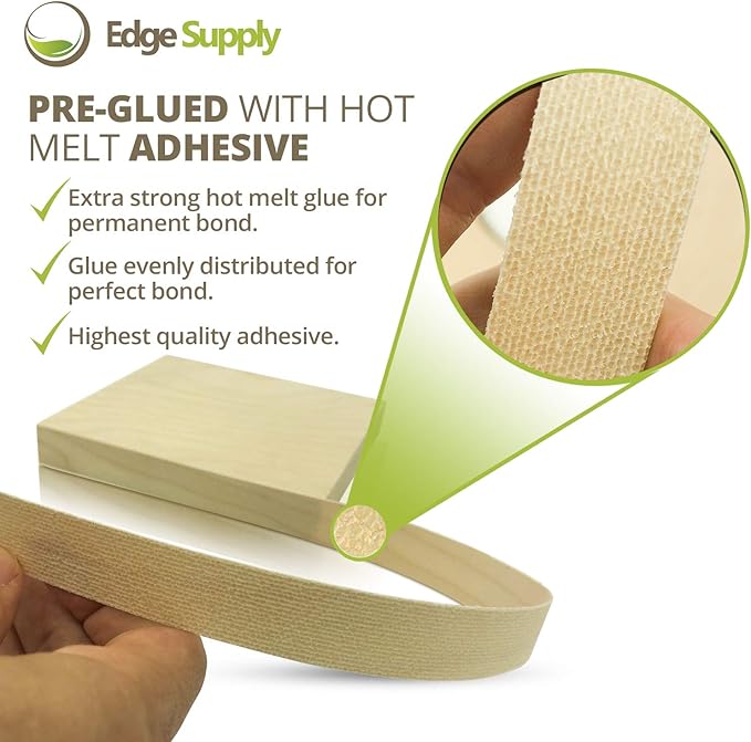 Edge Supply Birch Pre-Finished 3/4" x 50' Roll Preglued, Veneer Edge Banding, Flexible Wood Tape, Easy Application Iron On with Hot Melt Adhesive. Clear UV Laquer Finish Wood Edging