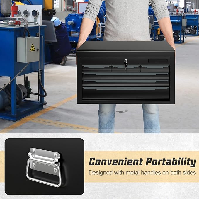 6-Drawer Tool Box, ARNOT 24" Heavy-Duty Steel Tool Chest, Portable Tool Storage Organizer with Auto-Locking Drawers, Top Tool Tray, and Side Handles for Garage, Warehouse, or Workshop Storage (Black)