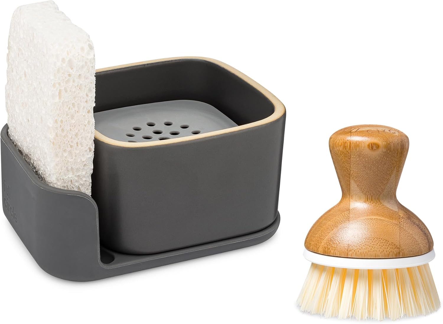 Full Circle Bubble Up Combo—Family Safe, Formaldehyde-Free-Gray Ceramic Soap Dish with Plant-Based Sponge & Bamboo Dish Brush-Versatile Kitchen Scrub Brush Set for Pots, Pans,Counter & Sink,Gray