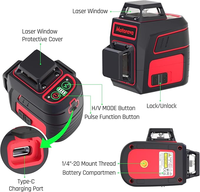 Self Leveling Laser Level 3x360° 3D Cross Line Rotary Lasers Green Beam, Pulse Mode Battery Indicator, USB Type-C Charging, 360° Adjustable Liftable Magnetic Base, Li-ion Battery