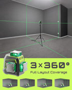 LasGoo Laser Level 3x360° Self Leveling, 3D Green Cross Line Laser for Construction and Picture Hanging, Rechargeable Battery, Remote Control, Magnetic Rotating Stand Included - LG-3Dx