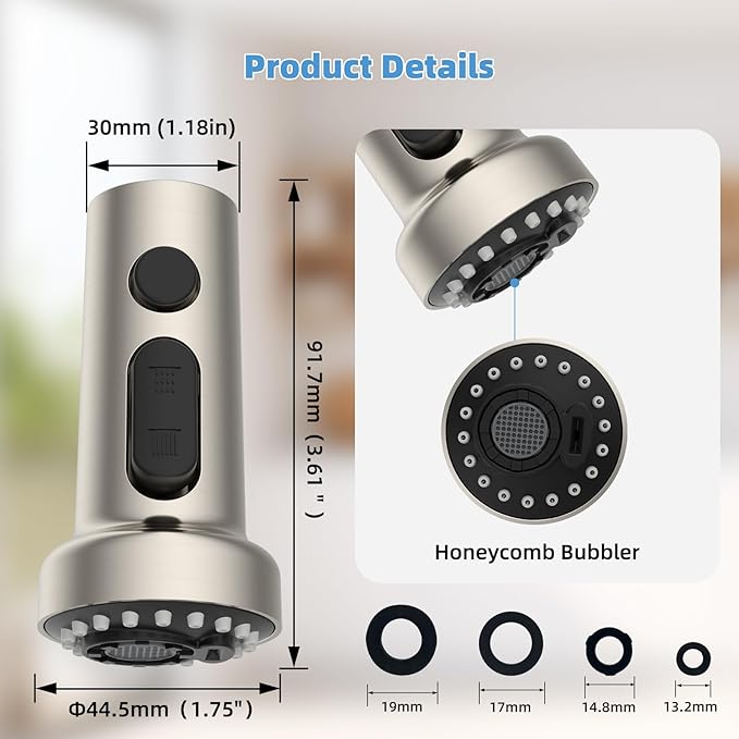 Hibbent Stainless Steels Pull Down Kitchen Faucet Head Replacement, 3 Function Sink Faucet Sprayer Head with 15 Adapters, Compatible with Moen, American Standard, Delta, Kohler Faucets, Brushed Nickel